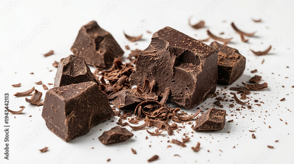Fototapeta premium Broken dark chocolate chunks and shavings isolated on a white background.