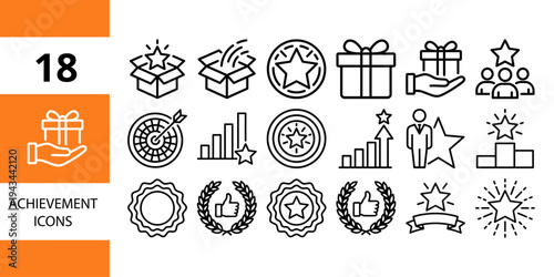 Achievement icons set: gifts, stars, targets, growth charts, and people celebrating victory