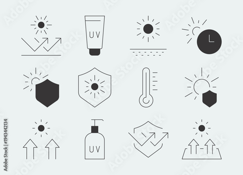 Uv protection symbols collection, set of sun screen, sun rays, skin safety, temperature heat, healthcare prevention elements on background.