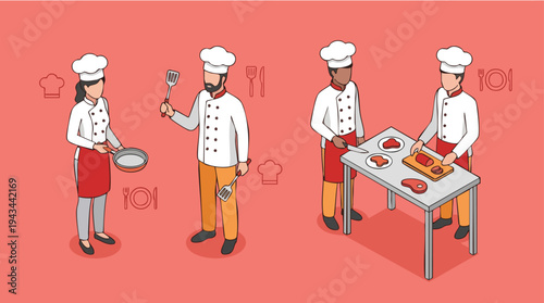 Group of chefs wearing uniforms working together in a kitchen setting preparing dishes on a large table