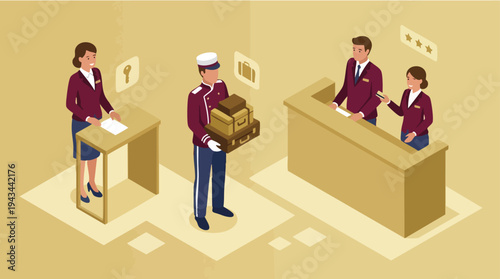 Hotel staff in uniform assisting guests at front desk with luggage nearby in a professional setting