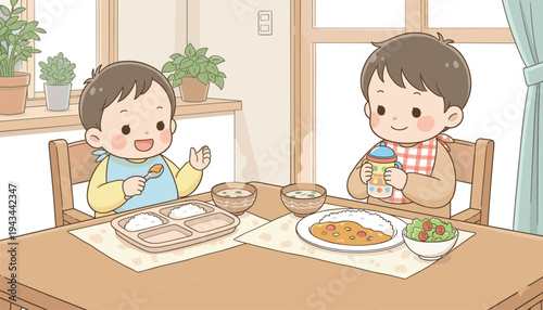 Cheerful children enjoying meal together at dining table with soup, curry, salad, sippy cup, cozy home atmosphere, playful illustration