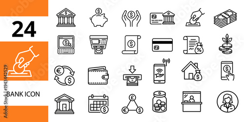 Bank and finance icons: buildings, piggy banks, credit cards, money exchange, and wallets