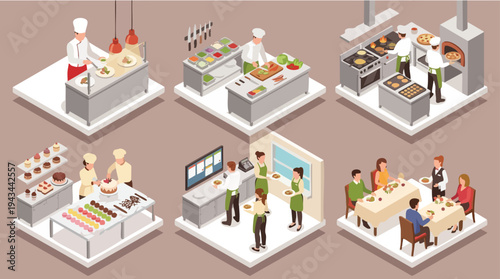 Illustration of chefs preparing various dishes at food stations and people enjoying meals at a restaurant