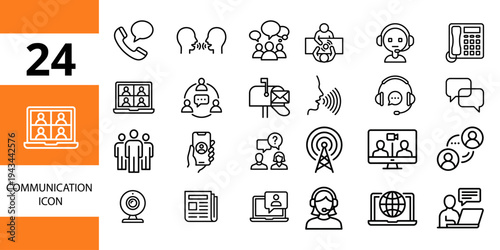Communication icons: phones, chat bubbles, calls, mailboxes, and headphones