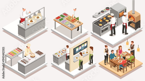 Set of chefs cooking and preparing dishes in different kitchen scenarios