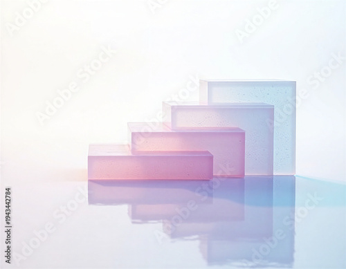 Translucent acrylic stepped platforms in diagonal progression with frosted white finish, gradient rose quartz pink to arctic blue. Mirror reflection, watercolor texture overlay, soft high-key