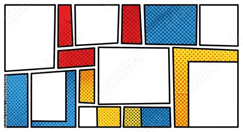 Comic book page layout with diverse rectangular and angular panels, varying textures