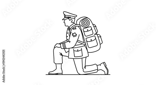 Canadian soldier kneeling with backpack, military service, remembrance, outdoor adventure