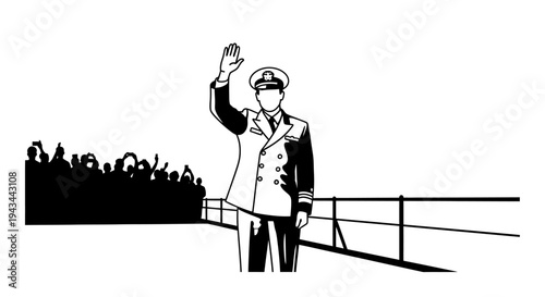 Captain waves to cheering crowd from ship deck, symbolizing leadership and farewell