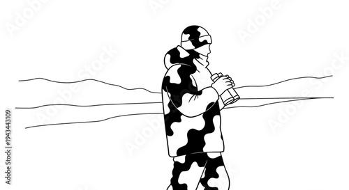 Camouflaged Soldier with Binoculars in Snowy Landscape