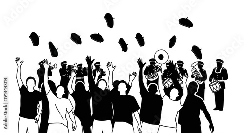 Celebration Crowd Cheering With Hats Thrown In The Air, Band Playing Music