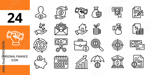 Personal finance icons: money, piggy bank, house, growth chart, umbrella, bank, credit card, scissors, and investment symbols