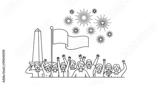 Celebration Crowd Cheers Flag Monument Fireworks