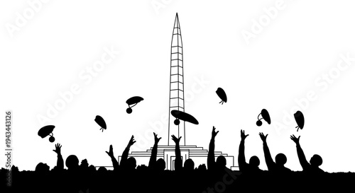 Celebration Crowd Throws Hats in Air at Monument