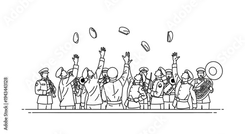 Celebration Parade: Band Members Throwing Hats in Joyful Crowd