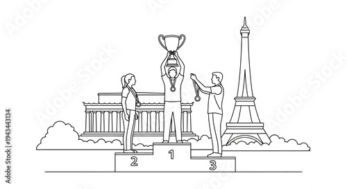 Champions on Podium in Paris with Eiffel Tower and Arc de Triomphe