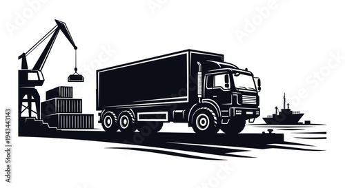 Container Truck Loading at Port with Crane and Ship, Logistics and Shipping Concept