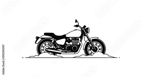 Classic Motorcycle in Black and White, Retro Style, Vintage Bike on White Background