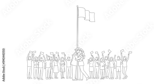 Couple Embraces Under Flagpole, Cheering Crowd with Flags