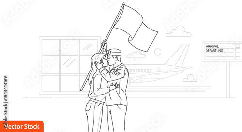 Couple reunites at airport, soldier kisses girlfriend holding flag, airplane and arrival board background