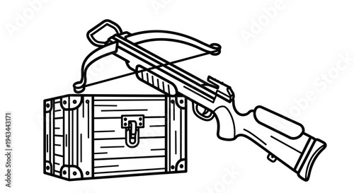 Crossbow and Treasure Chest - Vintage Illustration of Adventure and Mystery
