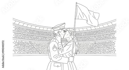 Couple kissing in military uniform at stadium with flag