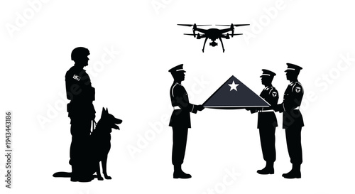 Military honors fallen soldier with drone surveillance and K9 unit