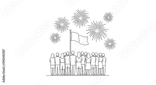 Crowd Watching Fireworks with Flag