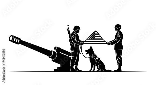 Military Honor: Soldiers Fold American Flag with Service Dog and Cannon