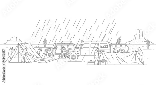Desert camping in heavy rain, setting up tents and covering vehicles.