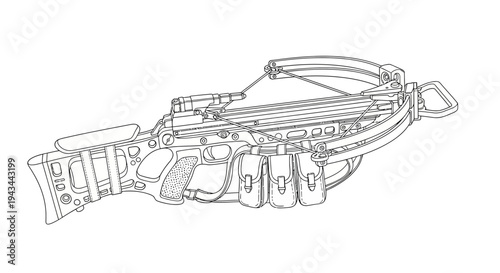 Detailed Line Drawing of a Modern Crossbow with Scope and Accessories