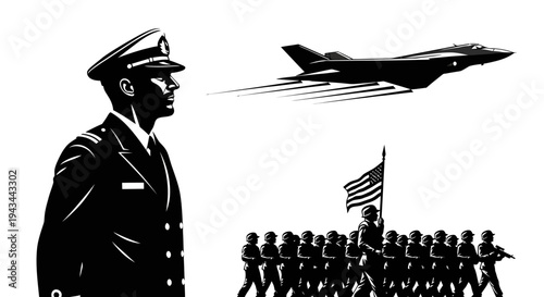 Military Parade with Fighter Jet and Officer, American Flag