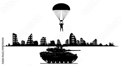 Military Paratrooper Descending Over Ruined Cityscape with Tank Silhouette