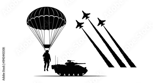 Military Paratrooper Descending Near Tank with Fighter Jets Flying Overhead