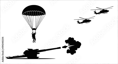 Military Paratrooper Descends Near Firing Artillery Cannon and Helicopters