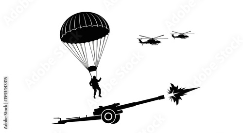 Military Paratrooper Descends Near Firing Cannon and Helicopters