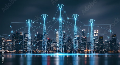 Digital art of illuminated cell towers over a cityscape connected by wireless signals at night