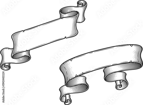 Vintage Engraved Ribbon Banner Set Illustration Decorative Gravure Style Illustration