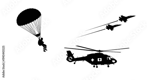 Military Paratrooper Jumps From Plane Near Helicopter and Fighter Jets