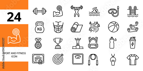 Sports and fitness icons: dumbbell, weightlifting, swimming, snorkel mask, pool, kettlebell, abs, yoga mat, mountains, and beach ball