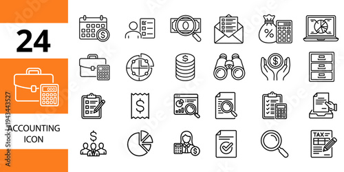 Accounting and finance icons: calendar, list, money, magnifying glass, envelope, bag of money, calculator, laptop, and pie chart