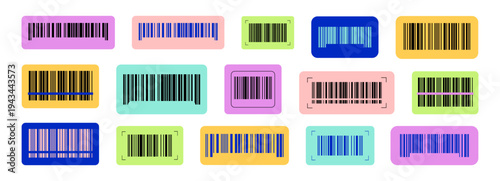 Set of color barcode stickers fake with different thick and thin lines. Vertical streaks, strips with random information lines. Abstract geometric texture background for retail, supermarket