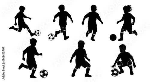 Children Playing Soccer Silhouettes: Dynamic Action Shots of Young Athletes Kicking Ball