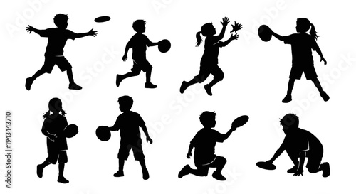 Children Playing Sports Silhouette: Kids Running, Throwing Frisbee, Catching Ball