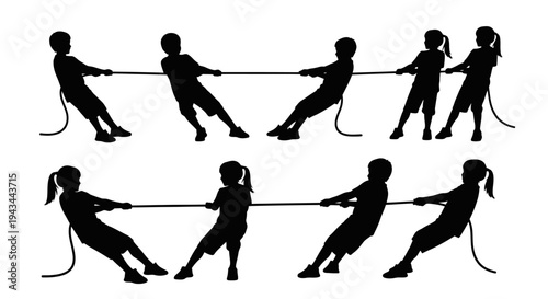 Children playing tug of war, silhouette, outdoor activity, team competition, fun game