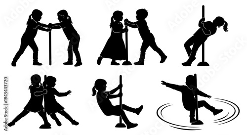 Children playing with a pole: silhouettes of kids engaged in various activities around a vertical pole
