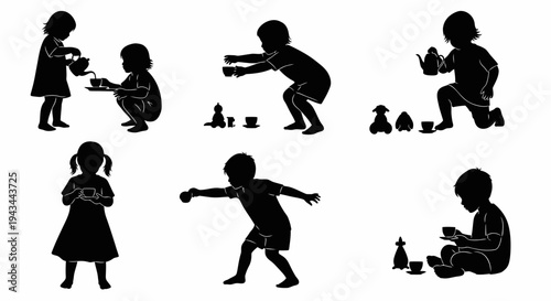 Children Playing Tea Party Silhouette Set: Diverse Poses of Kids Enjoying Imaginary Tea Time