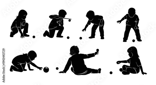 Children playing with balls silhouette, diverse poses, outdoor fun, playful childhood