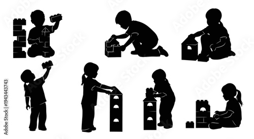 Children playing with building blocks, silhouette, diverse activities, learning, creativity